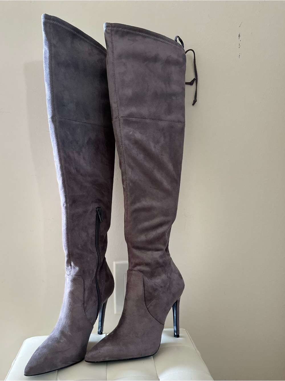 Guess Over-the-Knee Pointed-Toe Stiletto Boots - Taupe Gray
